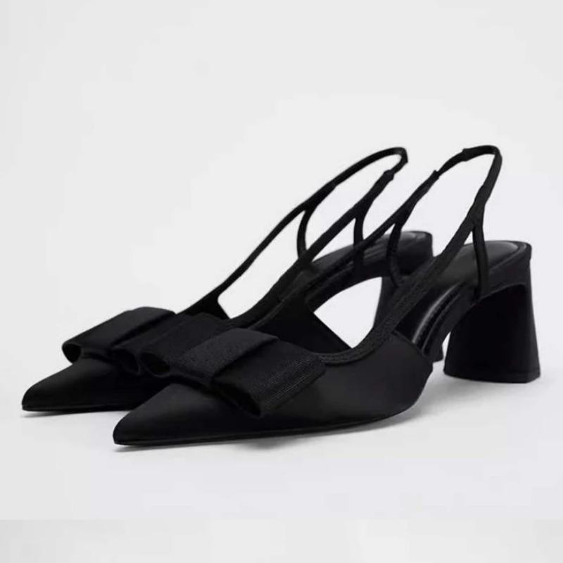 Fashion Vintage Black Women High Heeled Shoes Pointed Toe Shallow Fashion Bow-Knot Slingbacks Elegant Brand Designer Office Lady Pumps