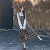 Women's Plus Size Plaid Patchwork Lace-Up A-Line Dress with Waist-Cinched Skirt