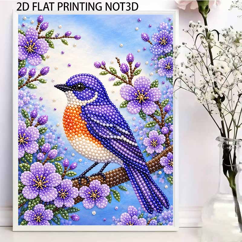 Sparkling Pearl Painting Kit with Frame Blue Bird and Purple Flowers Bead Art Canvas Relaxing Craft Home Wall Decor Gift Idea for Adults