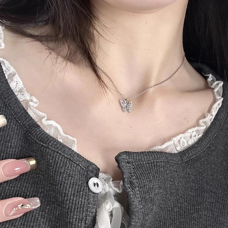 Sterling Silver Zircon Crystal Butterfly Pendant Necklace for Women Choker Chain Wedding Party Jewelry Gift