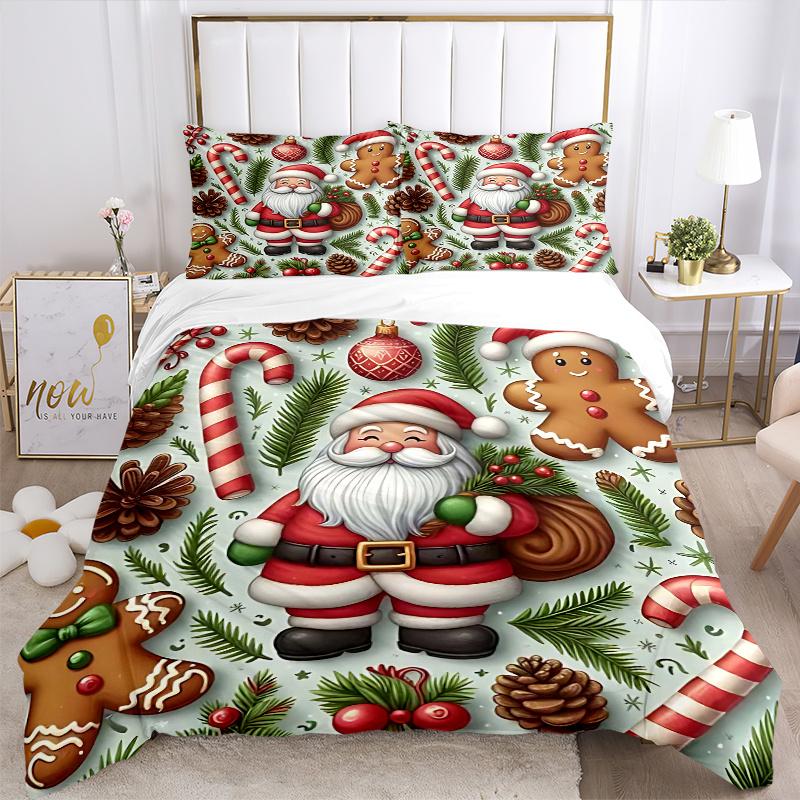 3pcs Christmas Holiday Gifts, Santa Claus & Gingerbread Man Bedding Set with 1 Quilt Cover and 2 Pillowcases (No Core), Anime Cartoon Design