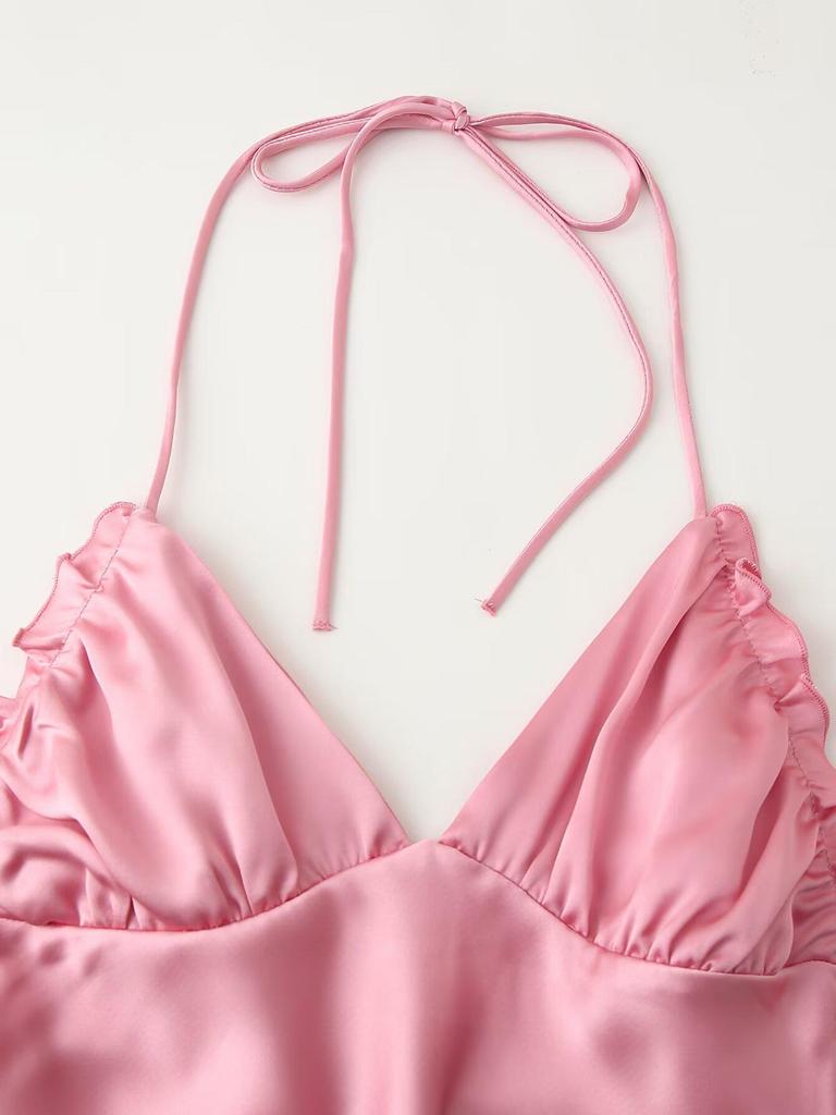 Silk Satin V-neck Backless Spaghetti Strap A-line Dress for Women - New European American Style
