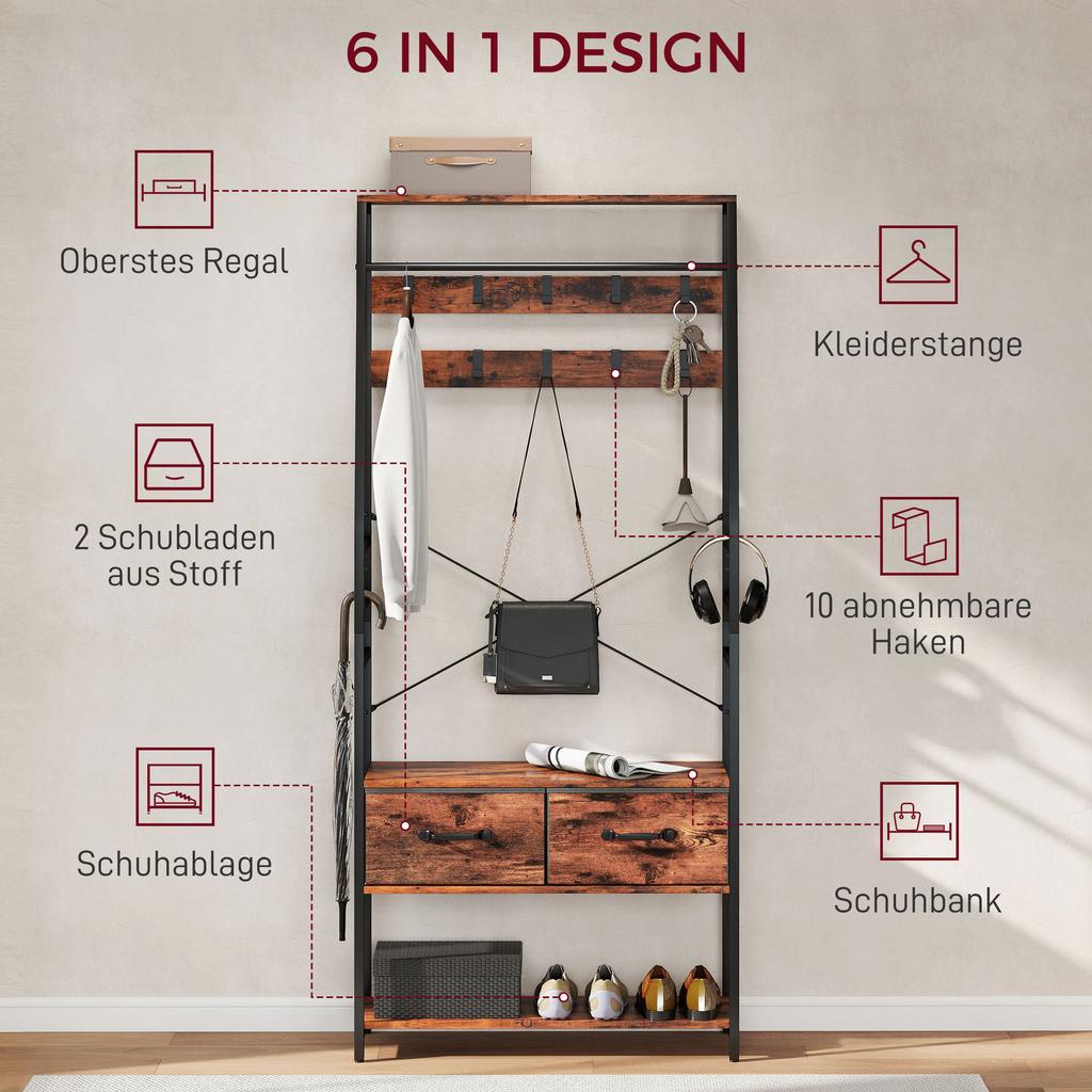 6-in-1 Industrial-Style Hallway Organiser - Brown/Black