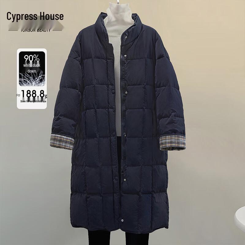 

Women s Stand Collar Plaid Spliced Mid-Length Down Jacket L
