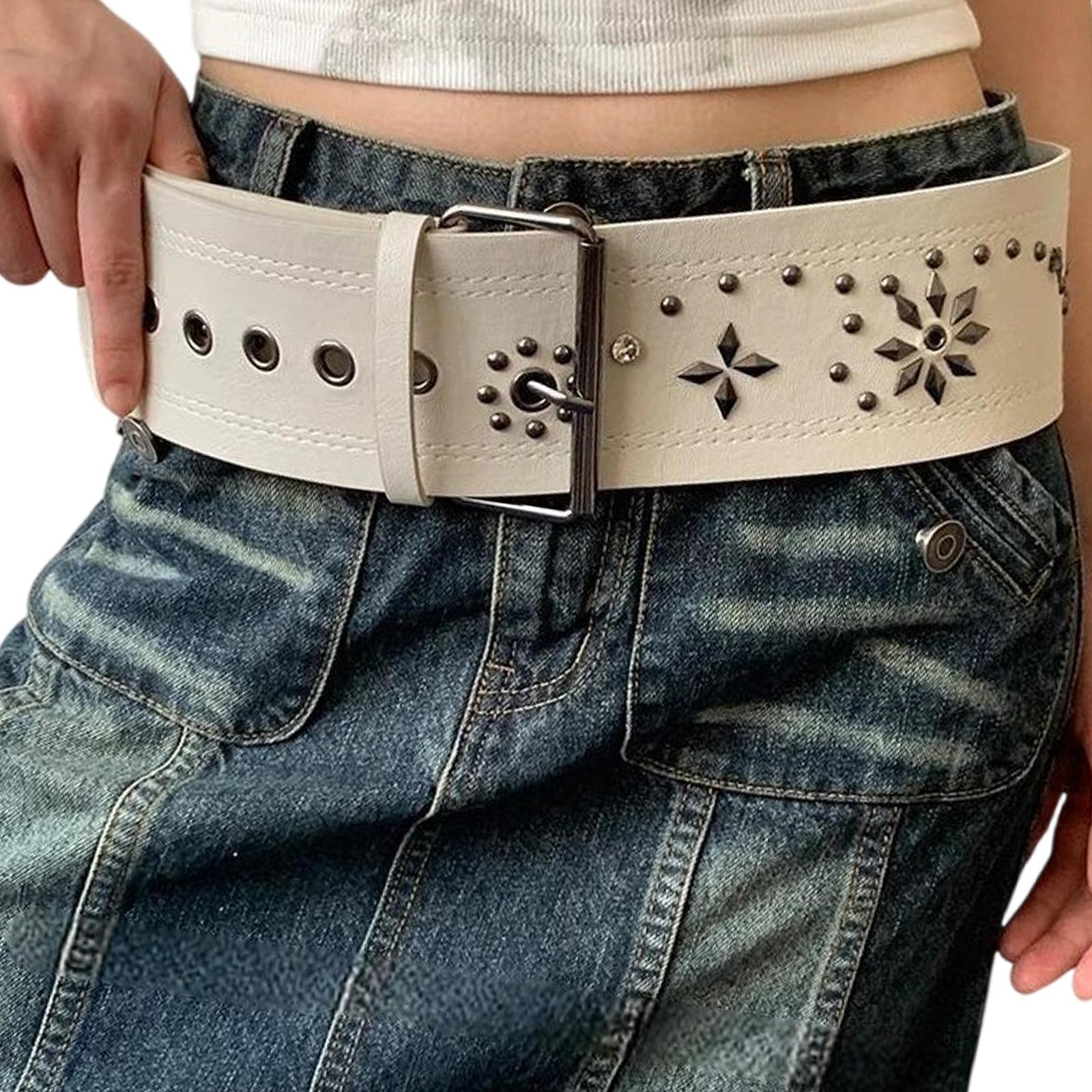 

PU Waist Strap Adjustable Pin Buckles Rivet Studded Design Waist Belt for Women Men Unisex Gothic Rock Styles Waist Decors белый