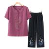 Women's Summer Short-Sleeve Embroidered Suit, Loose & Comfortable, Round Neck, Two-Piece for Middle-Aged & Elderly Moms & Grandmas.