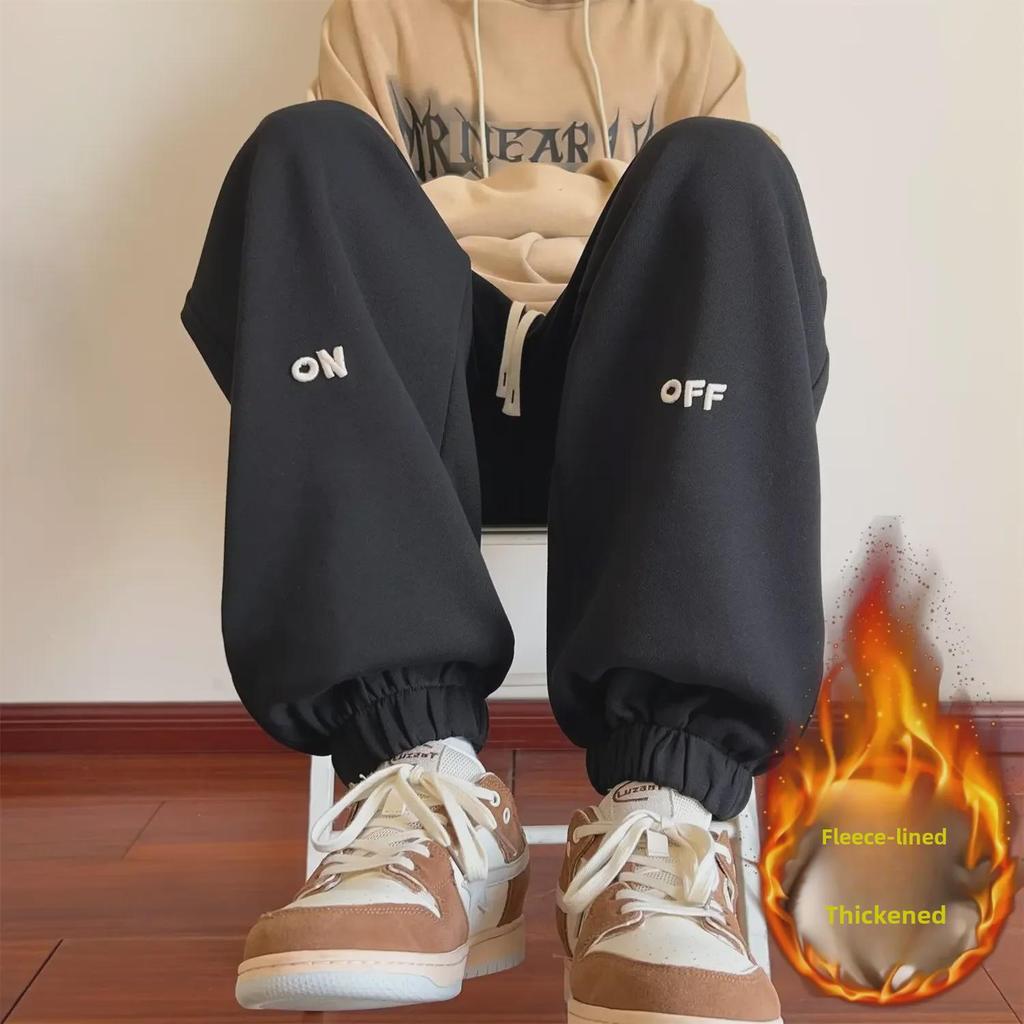 Men's Hong Kong Style Embroidered Velvet Sweatpants: Loose-Fit Casual Pants for Autumn/Winter Fashion Trend.