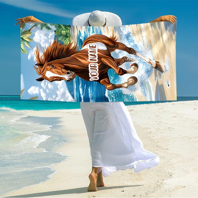 1PC Custom Name Horse Beach Beach Towel Highly Absorbent And Sand-Resistant Towel for Swimming, Pool, Yoga, And Travel Lightweight