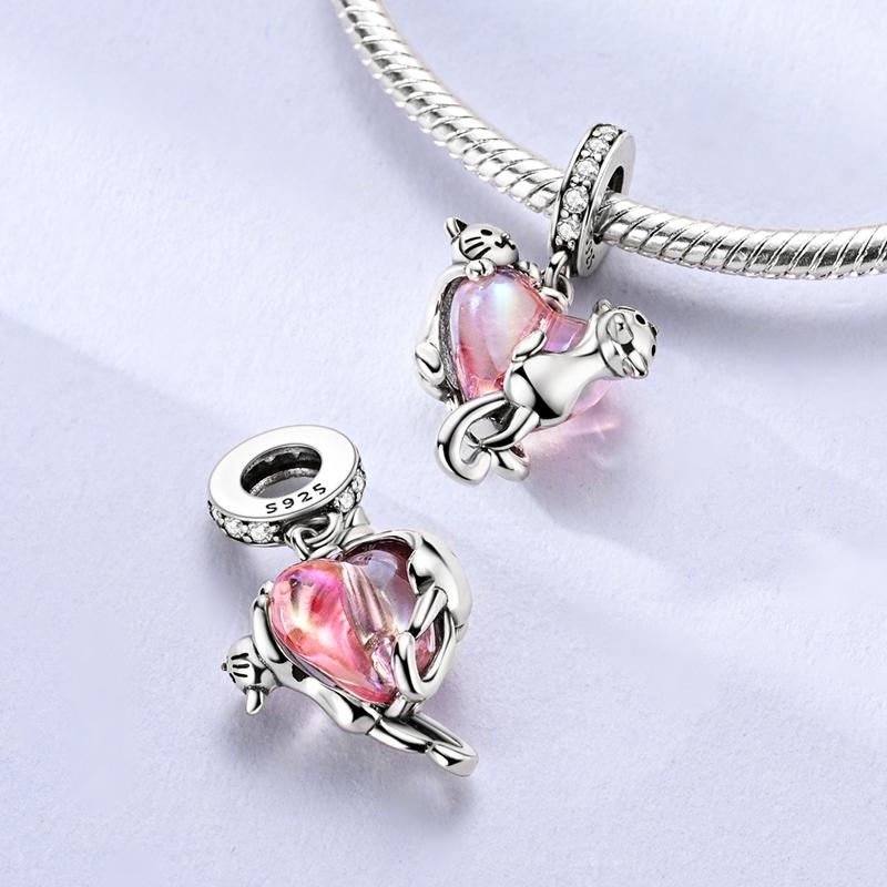 Kupferrosa Herz Niedliche Haustier Katze Charms Perlen Passen Original Armband Halskette Echtschmuck Frauen DIY Geschenke