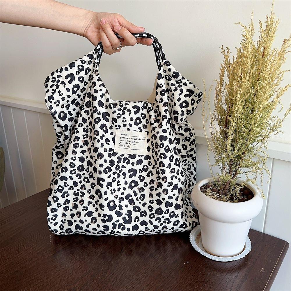 Stylish Vintage Leopard Print Corduroy Shoulder Bag Spacious Tote For Daily Use