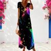 Women Plus Size V Neck Short Sleeve Colorful Printed Long Maxi Dress
