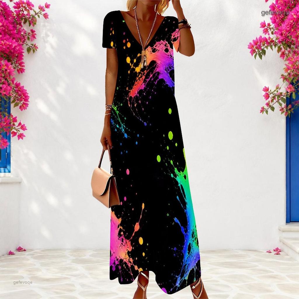 Women Plus Size V Neck Short Sleeve Colorful Printed Long Maxi Dress