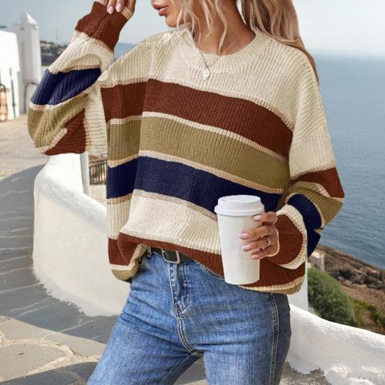 Women Sweater Round Neck Long Sleeve Knitted Tops Striped Print Loose Fit Soft Elastic Warm Winter Sweater