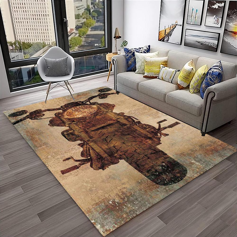 3D Retro Motorrad Vintage Teppich für Zuhause Wohnzimmer Schlafzimmer Spielzimmer Sofa Fußmatte Dekor, Kinderteppich Rutschfeste Bodenmatte