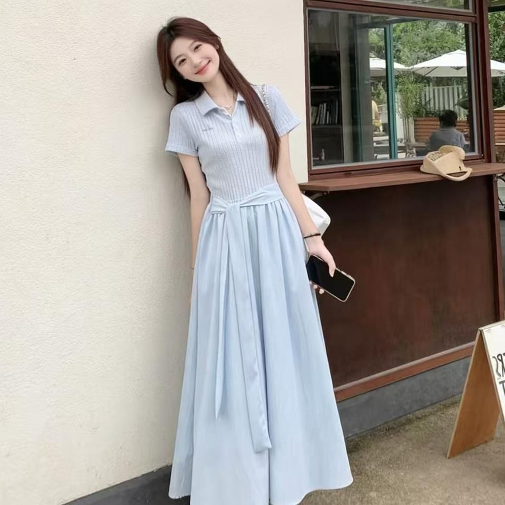 Blue Polo Collar Short-sleeved Dress Children's Summer 2026 New Sweet and Big-looking College Style Waist Pinch Dress