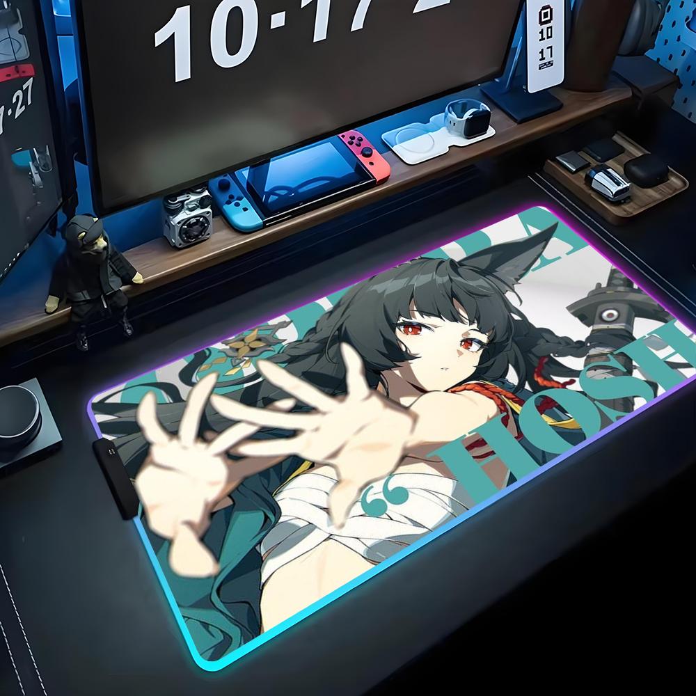 Miyabi Hoshimi Mouse Pad RGB Gaming Mousepad Big LED Pad PC Desk Mat Luminous Mouse Pad Large Keyboard Mats Table Rug With