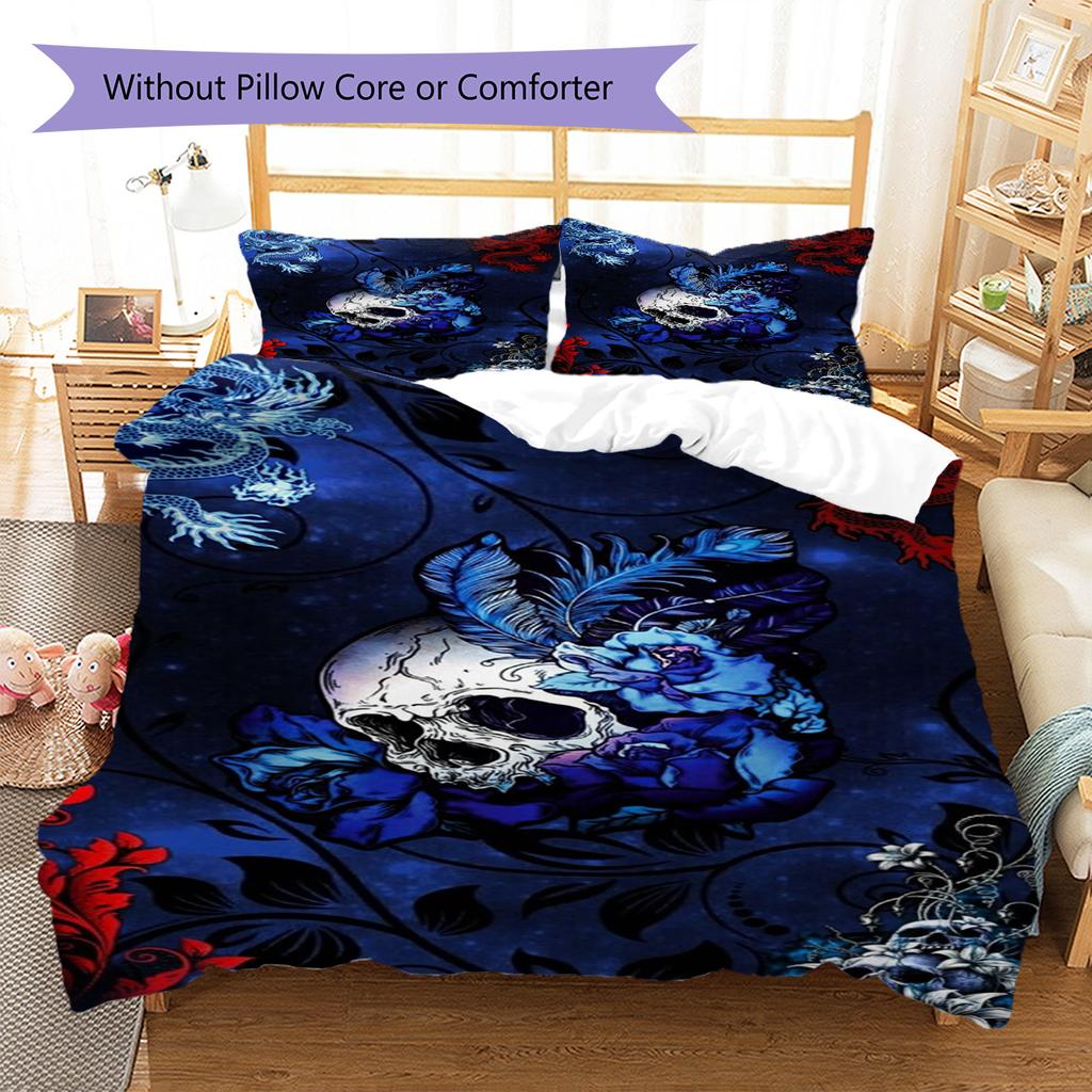 Gothic Skull Pattern Bedding Set Quilt Cover Pillowcase Home Decor Gift (1 * duvet cover + 2 * pillowcase, without core)