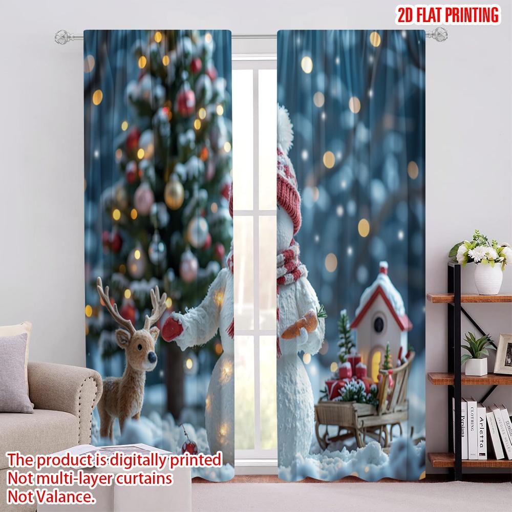 

Set Of 2 Flat Printing Merry Christmas Popular Party Window Curtains Snowman Reindeer Polyester Without Electricity Made W100*H70(CM)-Hooks&2PCS