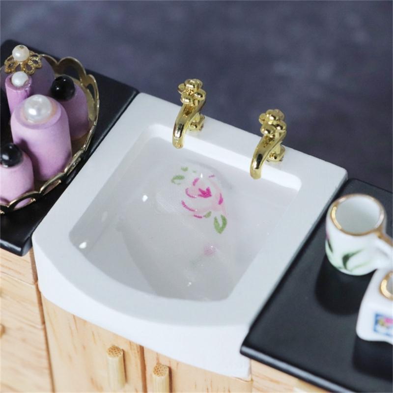 1/12 Scale Dollhouses Bathroom Sink Cabinet Miniature Wood Vanity Furniture for Creative Role Playing and Scene Display