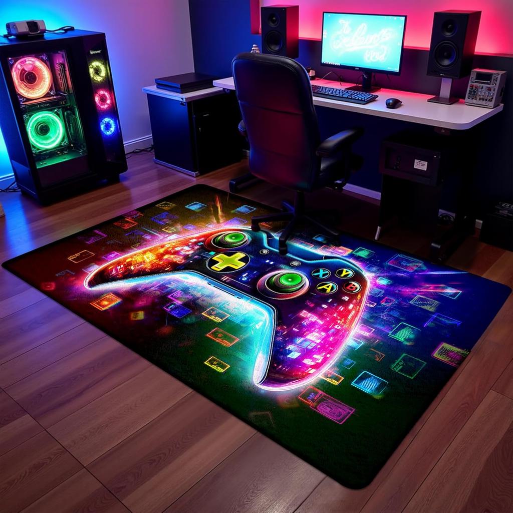Cyberpunk Glowing Game Controller Themed Rug, Neon Tech Style Floor Mat for Gaming Room, Bedroom, Non Slip Decorative Carpet