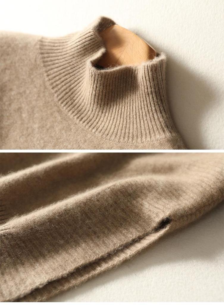 Pure Wool Seven-Stitch Thickened Sweater - Autumn/Winter, Long Sleeve, Half-High Collar with Irregular Slit.