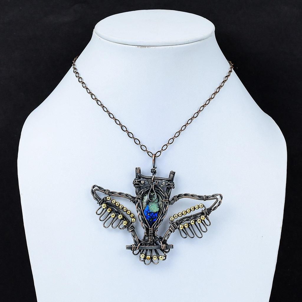 Azurite Malachite Pendant Copper Wire Wrapped Gemstone Jewelry Copper Pendant Handmade Jewelry Owl Pendant Wire Wrap Pendant Gift For Women