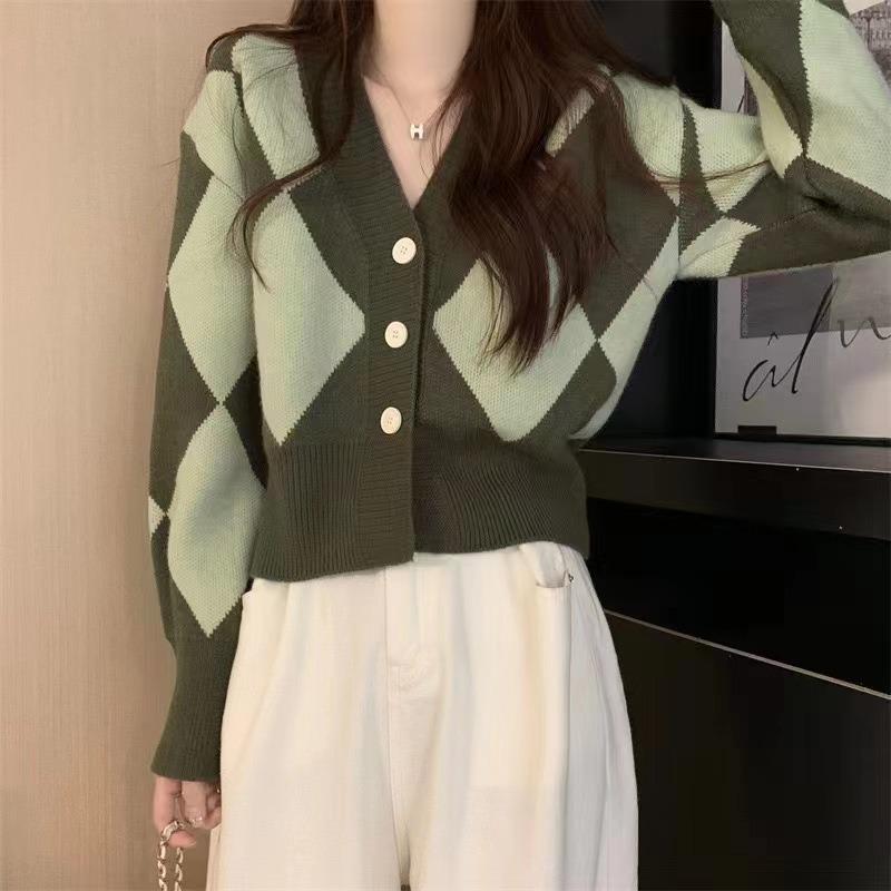 Small short outer rhombus v-neck knitted cardigan women's autumn loose long-sleeved sweater small coat top