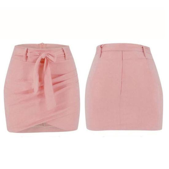 Women Solid Color Slim High Waist Bandage Belt Asymmetric Bodycon Mini Skirt