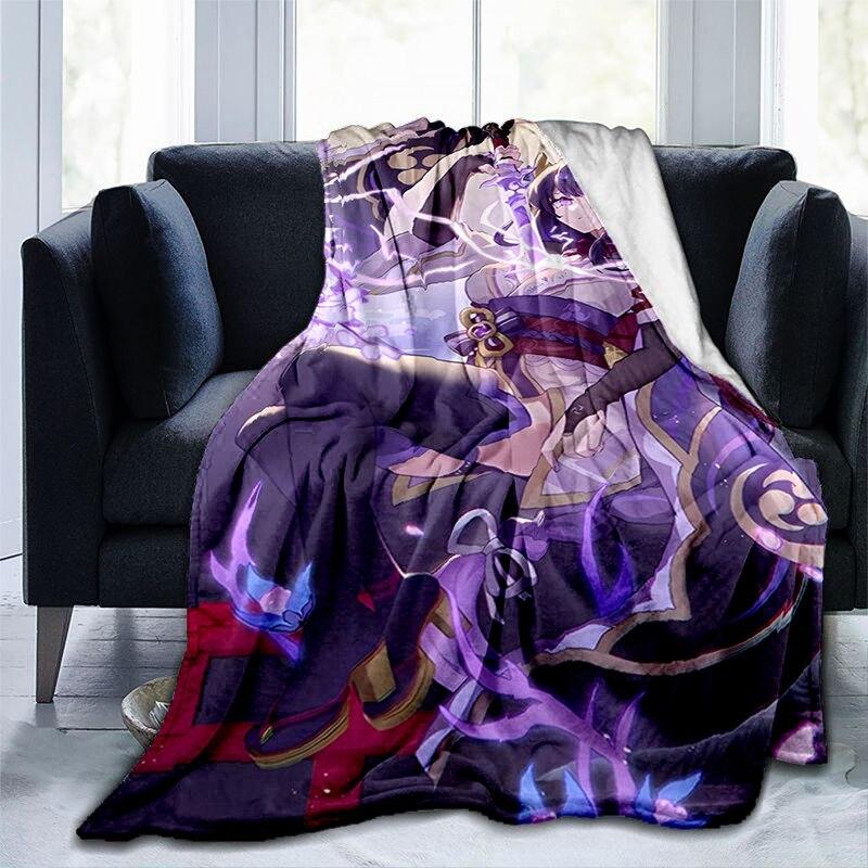 Pătură cu imprimeu Genshin Impact cu desene animate, flanel, căldură, moale, canapea extensibilă de pluș, pătură pentru aruncare, pătură de pluș, anime drăguț