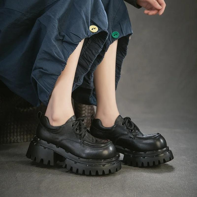 Johnature Britischer Stil Schnürschuhe Runde Spitze Dicke Sohle Echte Leder Vielseitige Damen High Heels Pumps