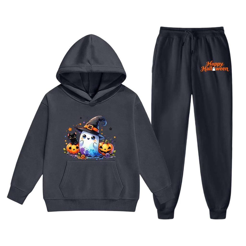 Kids Halloween Hoodie Set Ghost Pumpkin Print Long Sleeve Pullover Sweatshirt with Hood and Matching Pants Comfortable Fit for Boys and Girls