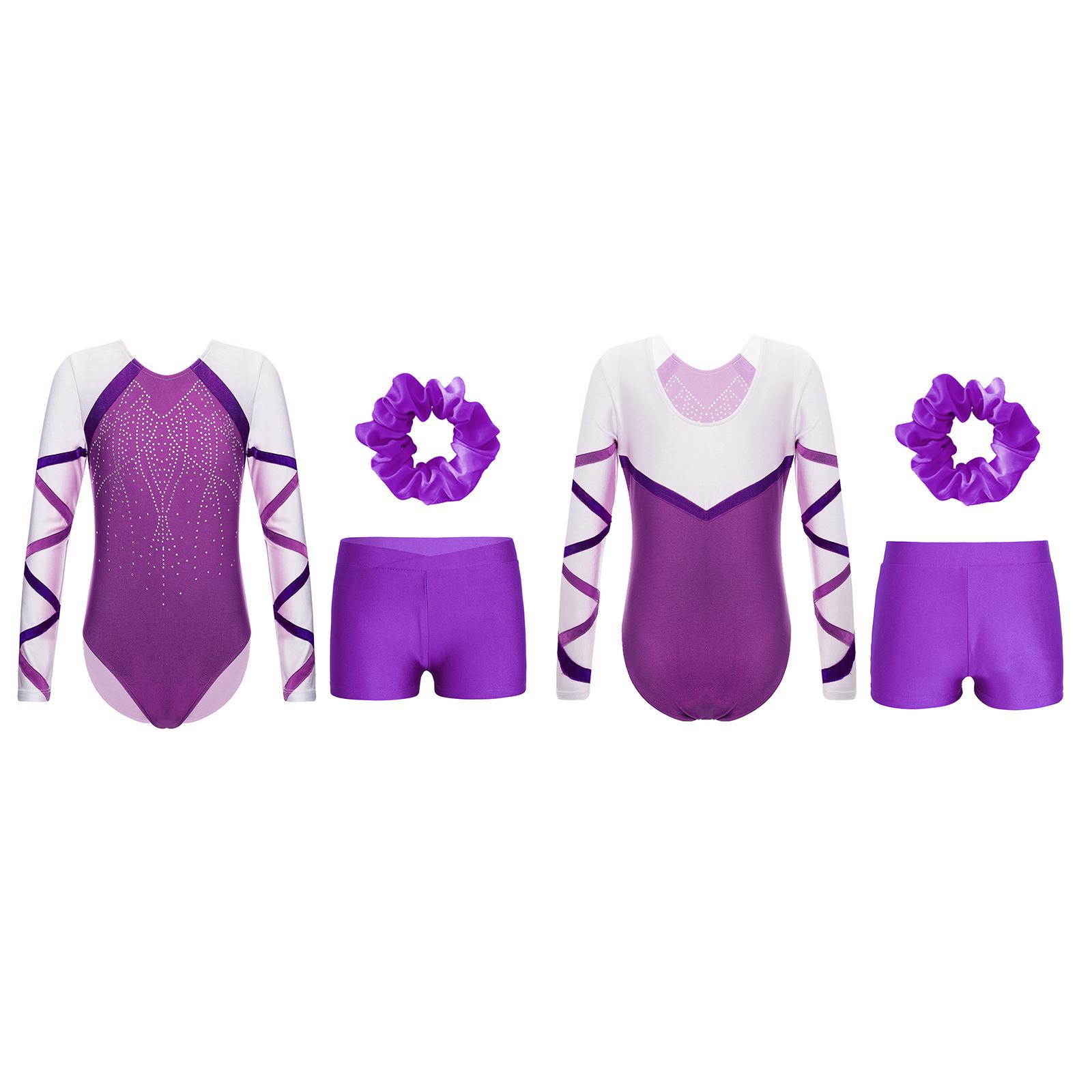 

Гімнастичне купальник для дівчат з довгим рукавом і блискучими стразами, шорти та гумка для волосся 5-6 Years