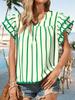 Women's Vertical Striped Blouse V Neck Ruffle Sleeve Pleated Trim Summer Top