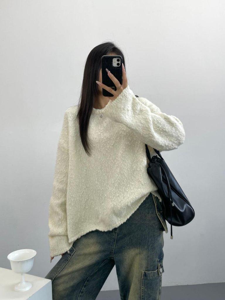 25 Winter Pearl Textured Wool Women's Loose Round Neck Sweater
