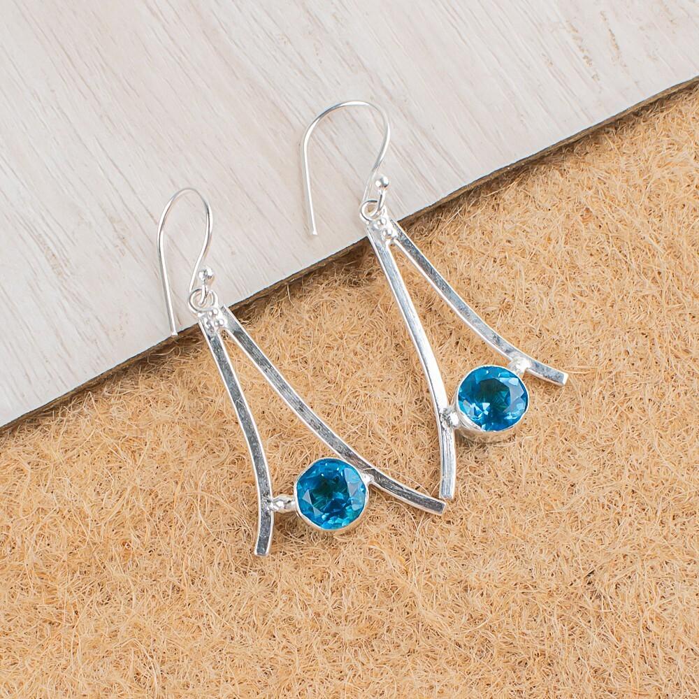 Swiss Blue Topaz Gemstone 925 Sterling Silver Handcrafted Jewelry Earrings 1.45" EE-66-39