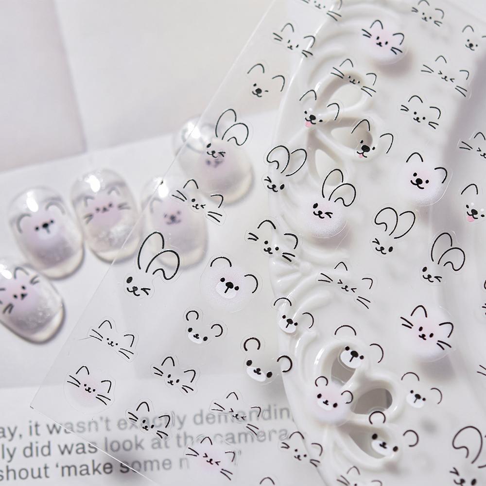 Cute Animal Face 5D Nail Art Stickers Cartoon Cat Bunny Dog Mouse Expressions Simple Self Adhesive Manicure Decal DIY