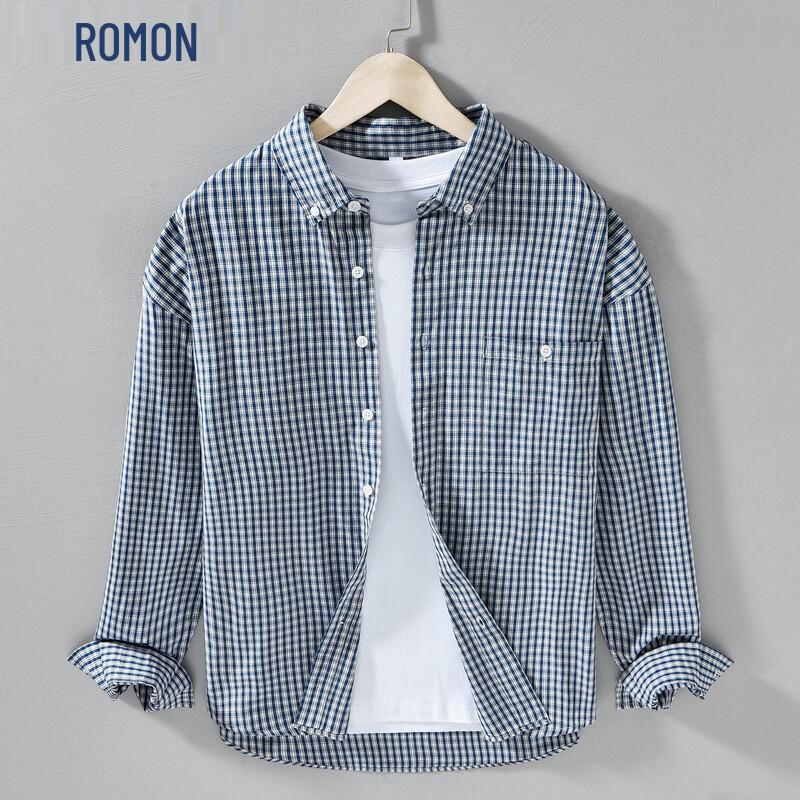 ROMON Men s Japanese Style Plaid Drop Shoulder Long Sleeve Shirt XL
