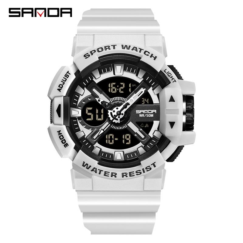 Sanda Men's Dual Display Waterproof Sports Watch: Multifunctional, Luminous, Fashionable, and Versatile for Outdoor Activities.