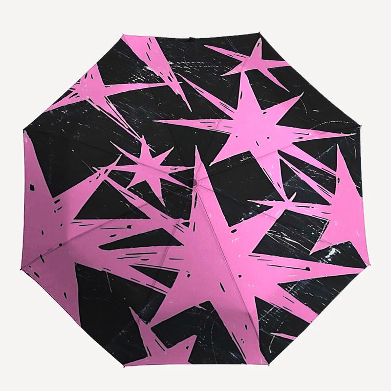

Pink Starburst Patterned Automatic Opening/Closing Umbrella with Portable Tri-Fold Design, 8-Bone Iron Frame Outdoor Umbrella, Ideal Gift fo