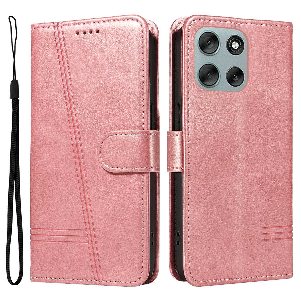 

Для Motorola Moto G56 5G Кошелек Чехол Т-образные линии Кожаный чехол для телефона Подставка Rose Gold