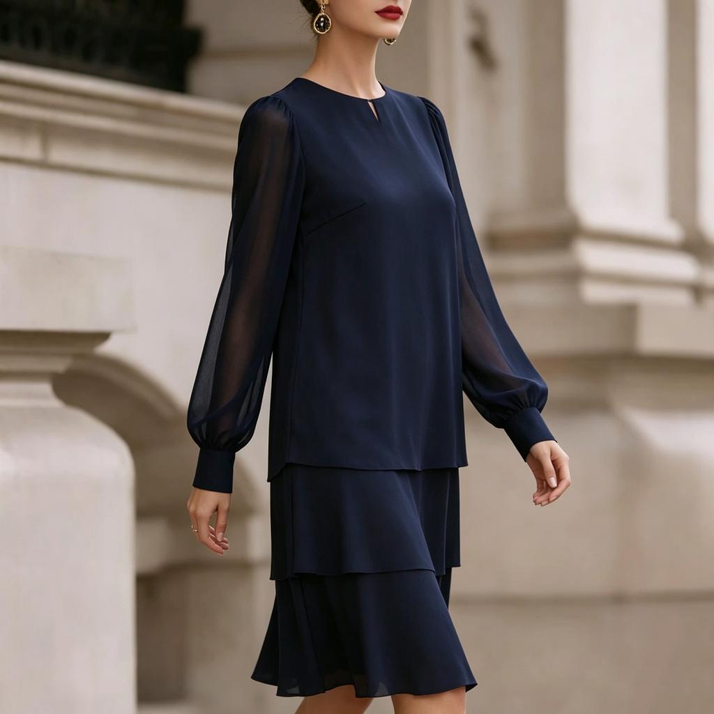 Women's Puff Sleeve Round Neck Dress for Elegant Casual Wear