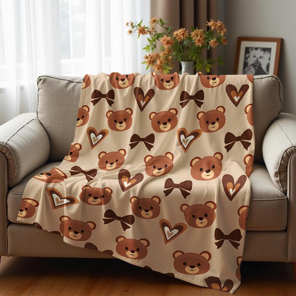 Teddy Bear Heart Bow Soft Flannel Blanket Breathable Warm Throw for Office Car Sofa Kids Room Birthday Xmas Gift