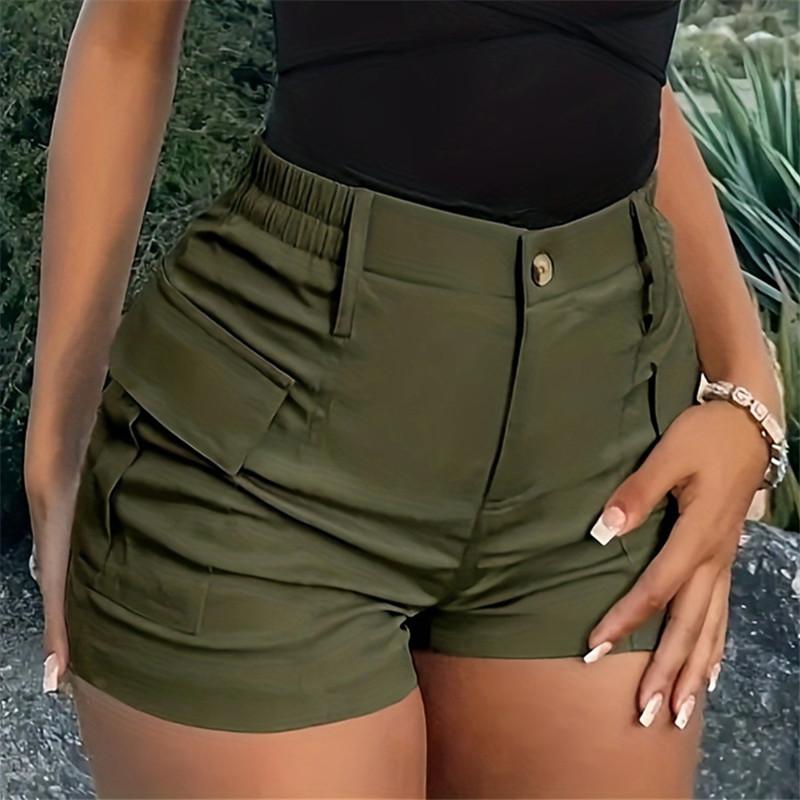 Modne Spodenki Damskie Jednokolorowe Codzienne Wygodne Codzienne Uliczny Styl Odzież Damska Wysoki Stan Guzik Kieszeń Kombinezon