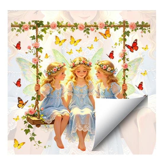 Fairy Window Sticker, Watercolor 4 Fairies Swing Window Cling, Colorful Flowers Butterflies Static Glass Decal for Kids Room Bedroom A
