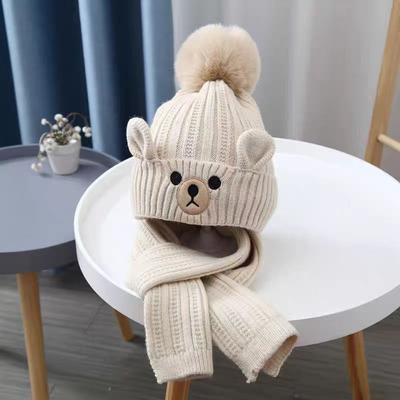 Children's Woolen Hat Scarf Two-piece Warm Plus Velvet Embroidered Bear Ears Cute Autumn and Winter Student Knitted Hat