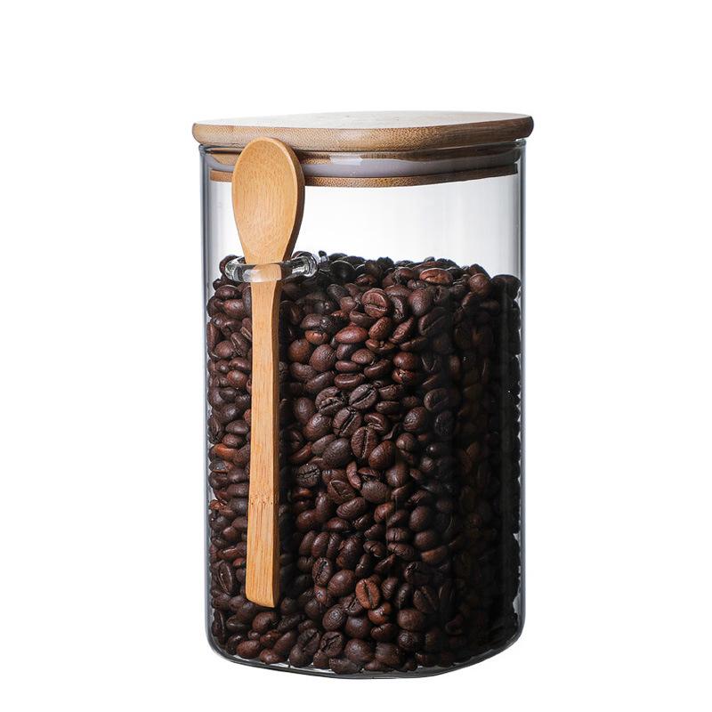 800/1000/1200ML Large Capacity Square Sealed Glass Jar with Spoon Seasoning Coffee Bean Storage Jar Home Sealed Storage Tanks