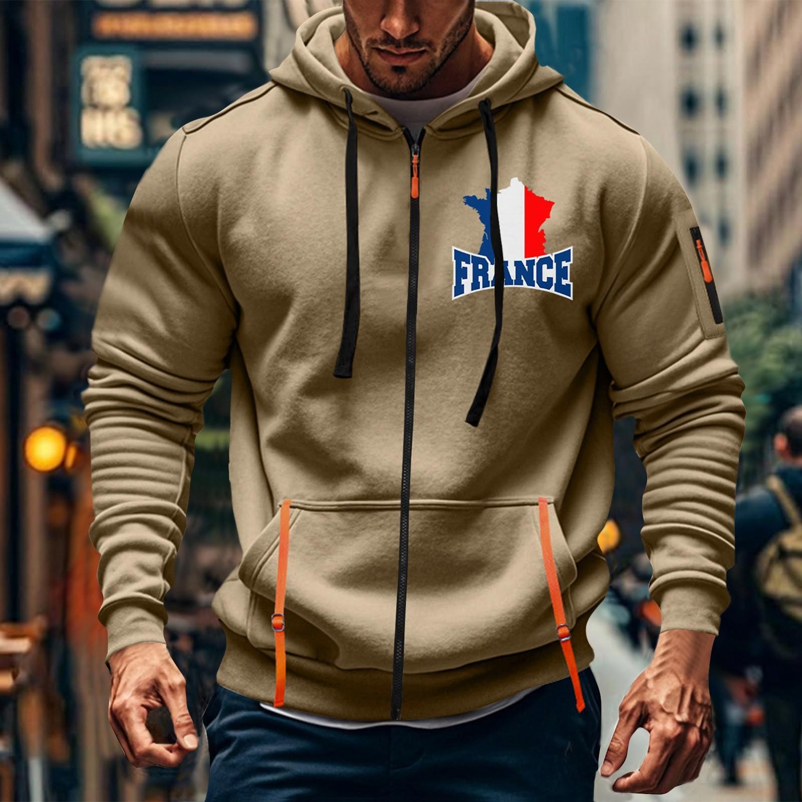 

ФРАНЦИЯ Мужская спортивная повседневная толстовка с капюшоном, кардиган с капюшоном на молнии и множеством карманов, пальто с капюшоном XXL хаки