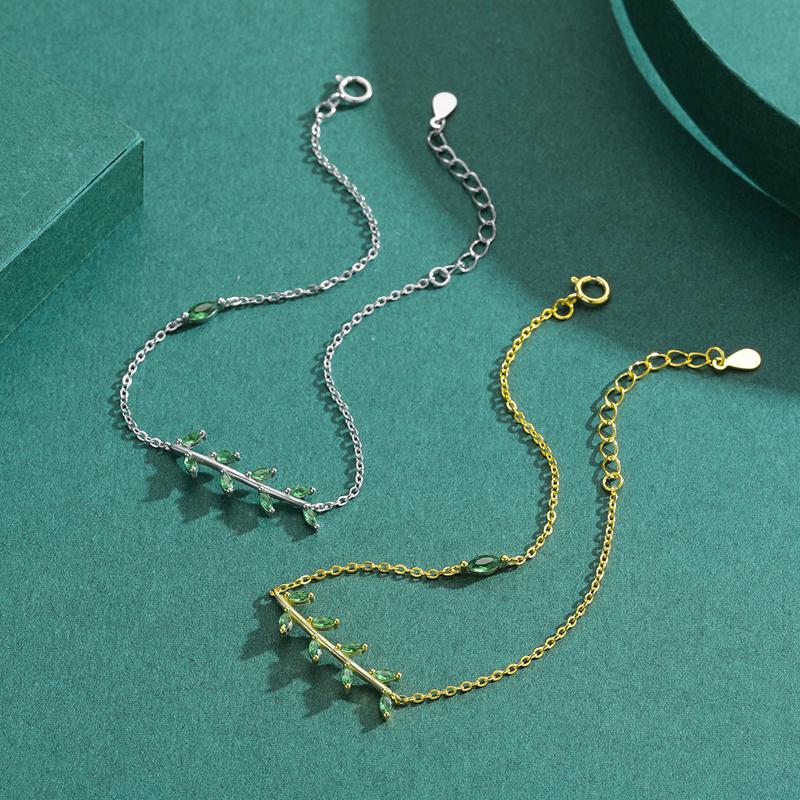 MODIAN 925 Sterling Silver Green Leaf Zirconia Adjustable Link Chain Bracelet For Women Fashion Wedding Jewelry Accessories