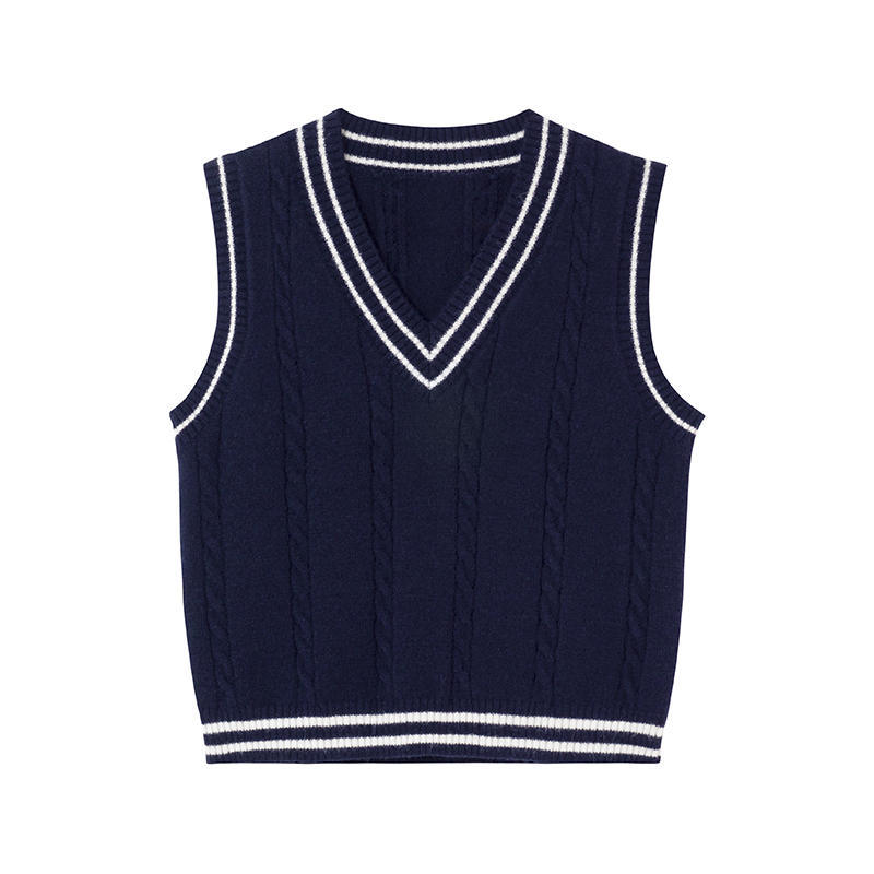 Women s V Neck Sleeveless Knit Vest Loose Fit Preppy Style Striped Trim Cable Knit Tank Top 2026 Spring Cotton Layered Sleeveless Blouse S