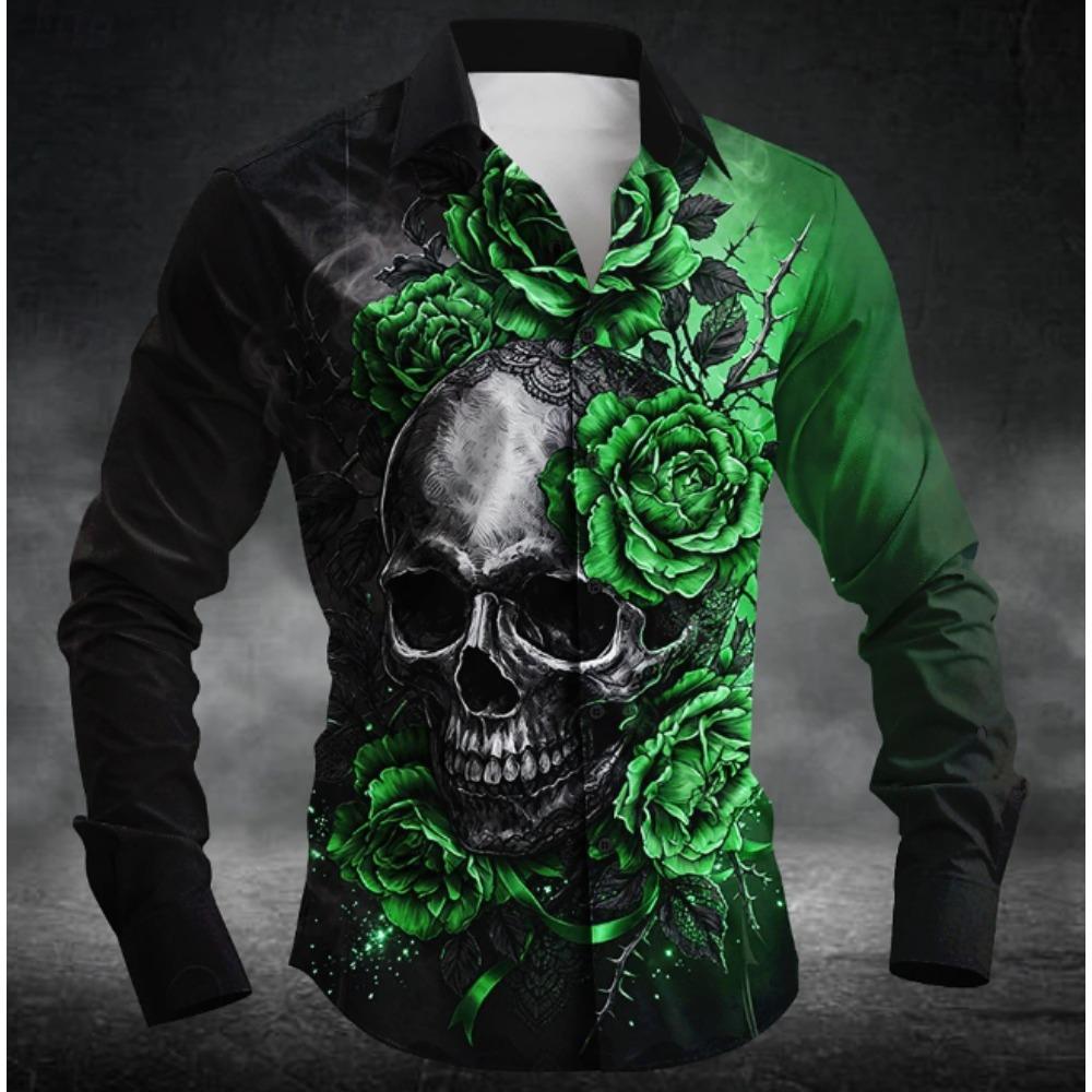 Men's Halloween Skeleton Printed Long Sleeve Shirts Casual Cardigan New Button Holiday Fashion Shirts